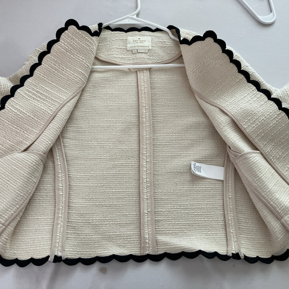 Kate Spade Tweed Jacket Womens Size 2 Cream Black Scallop Trim 3/4 Sleeve Career - Picture 9 of 12